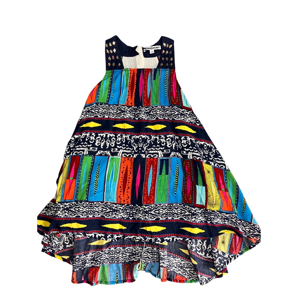 DKNY Gilrs Multi Color Geometric Print Studded Sleeveless Festival Dress 8 Boho